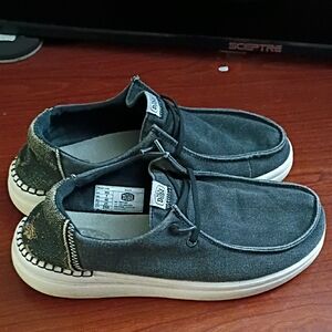 Hey Dude Women Gray Canvas Slip-On Loafers with Black Glitter Back Detail